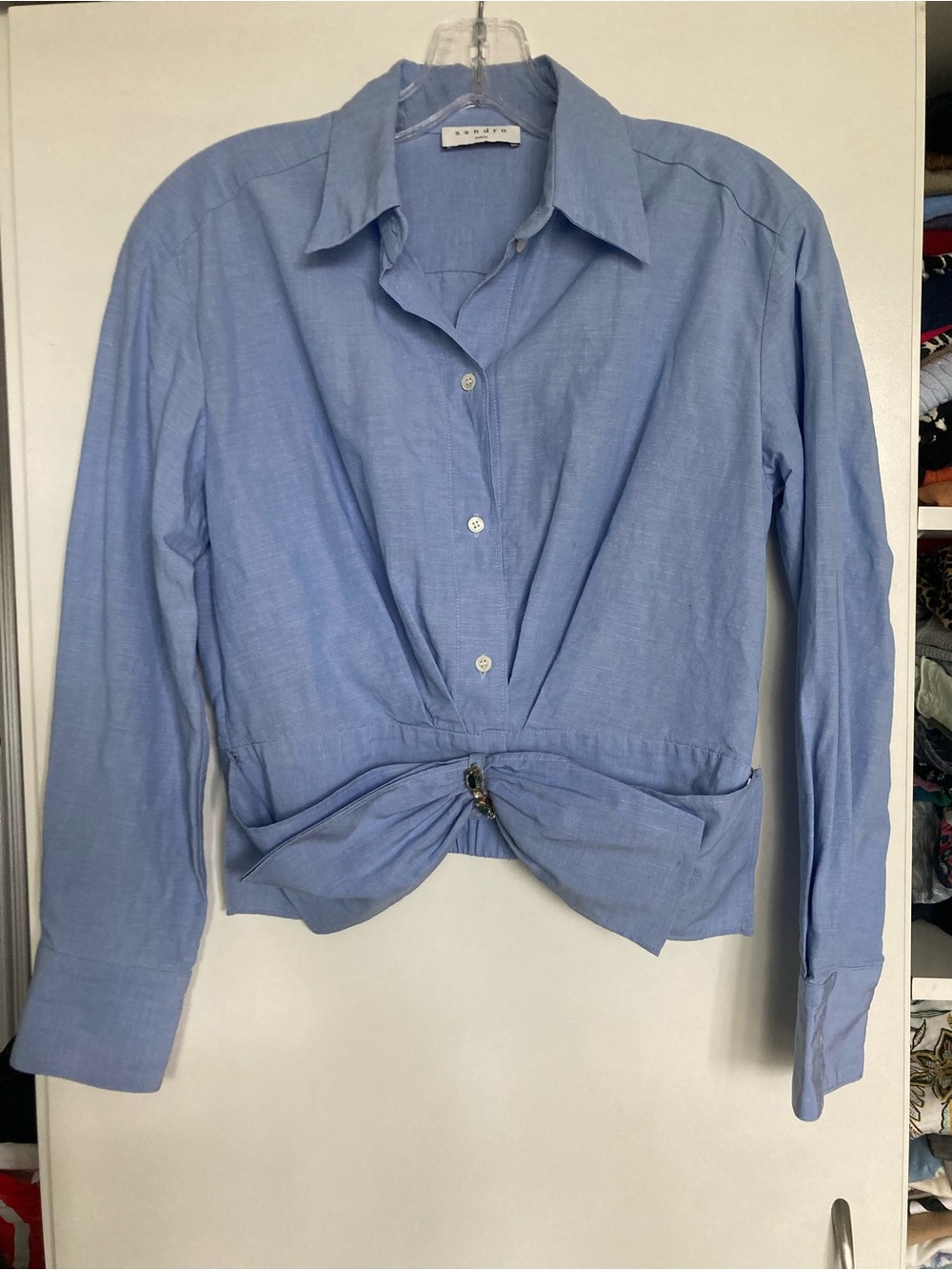 Sandro Light Blue Cotton Button-Up Shirt Crop Jewelry Removable Large Bow size 1